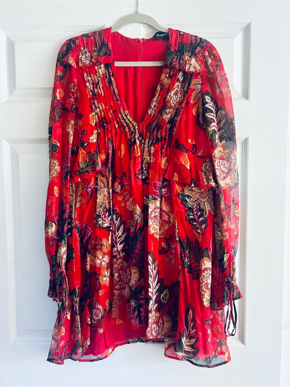 The Kooples Red Floral V-Neck Pintuck Dress
